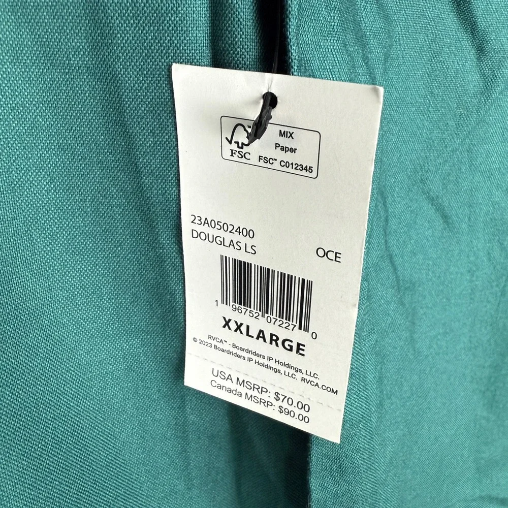 NEW RVCA Douglas Long Sleeve Shirt Mens 2XL Forest Green Woven‎ Button Up - Picture 4 of 10